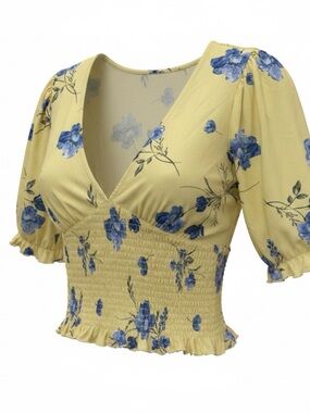 Source Unknown Yellow Crop Top with Blue Floral Print